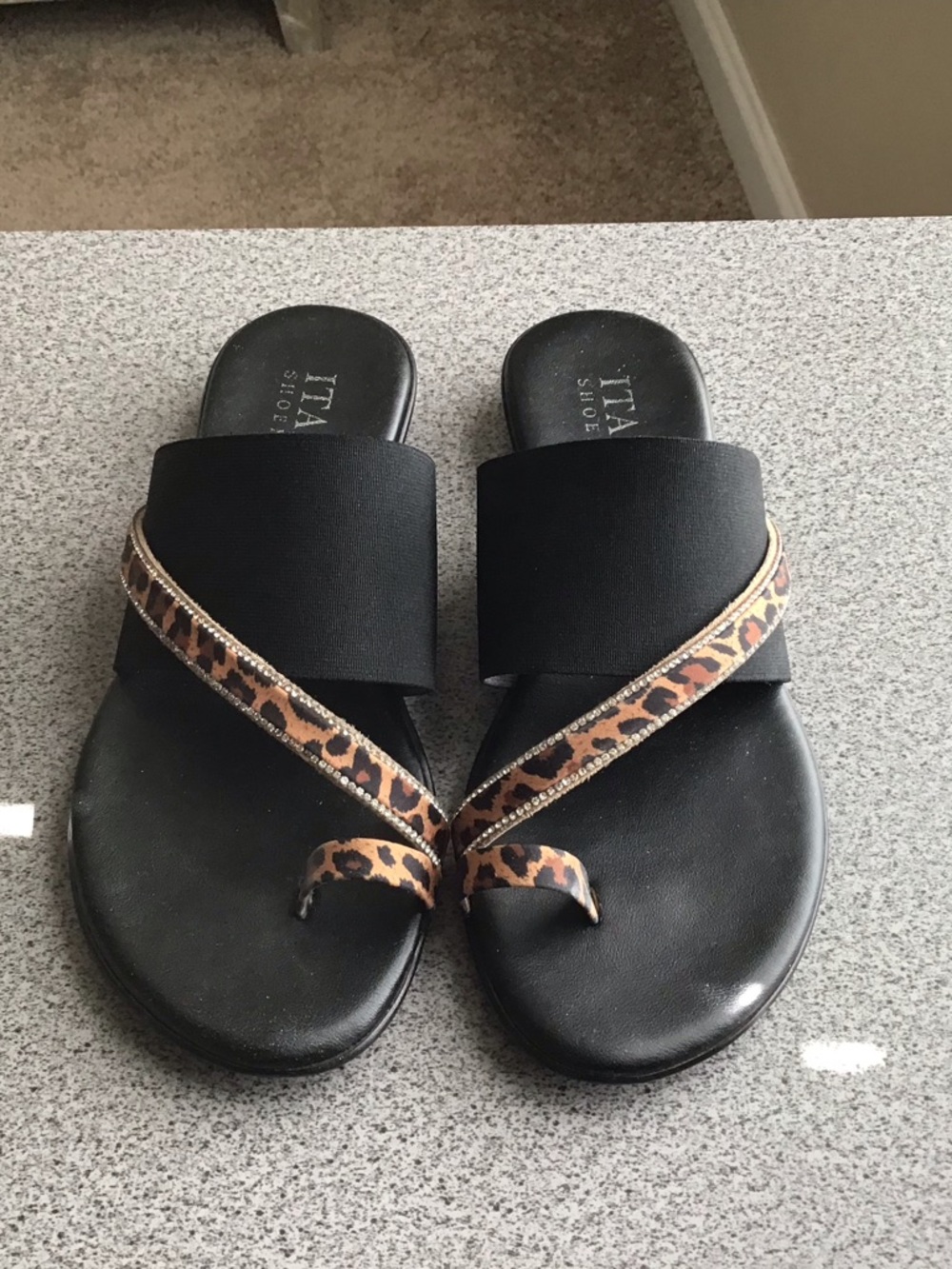 Italian Shoemakers Black Slide Sandals with Leopard Accent